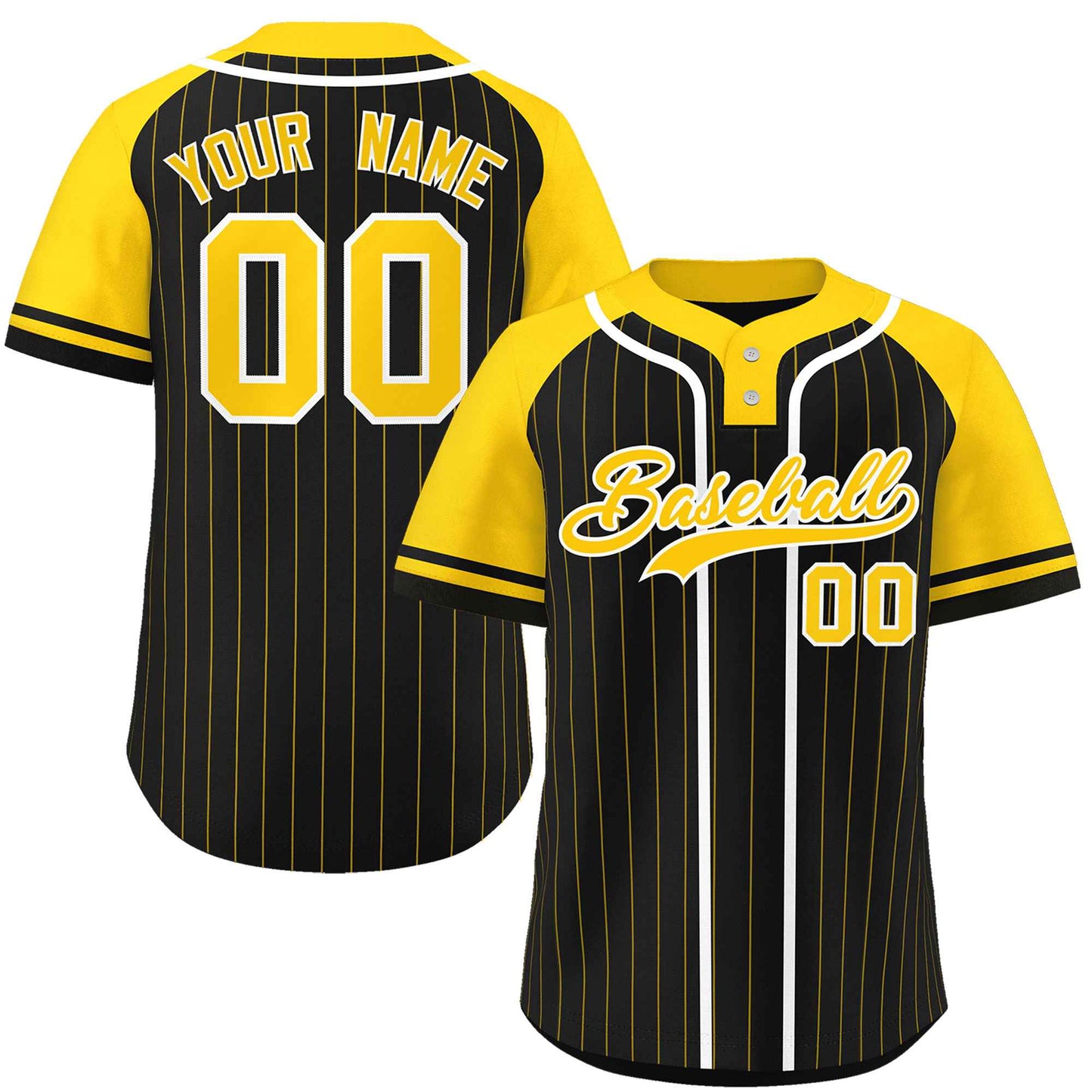 Custom Black Gold-White Stripe Fashion Raglan Sleeves Authentic Two-Button Baseball Jersey