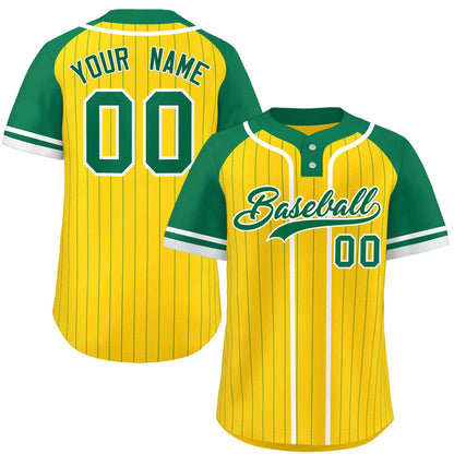 Custom Gold Kelly Green-White Stripe Fashion Raglan Sleeves Authentic Two-Button Baseball Jersey