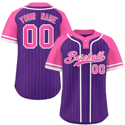 Custom Purple Pink-White Stripe Fashion Raglan Sleeves Authentic Two-Button Baseball Jersey