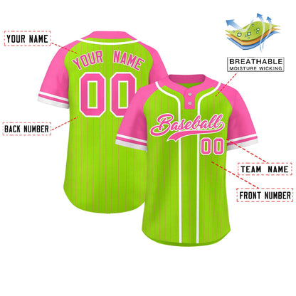 Custom Neon Green Pink-White Stripe Fashion Raglan Sleeves Authentic Two-Button Baseball Jersey