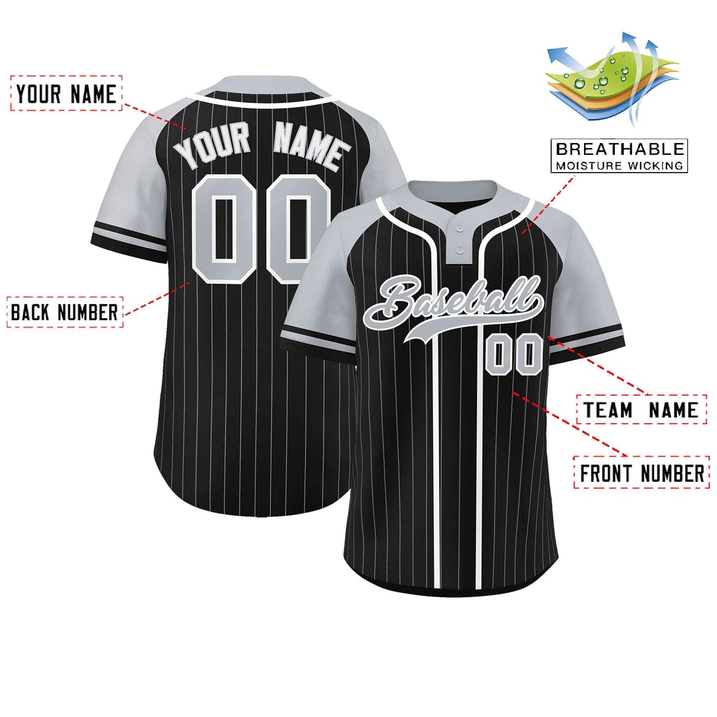 Custom Black Gray-White Stripe Fashion Raglan Sleeves Authentic Two-Button Baseball Jersey