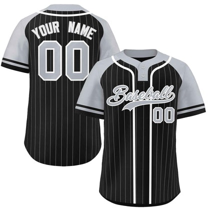 Custom Black Gray-White Stripe Fashion Raglan Sleeves Authentic Two-Button Baseball Jersey