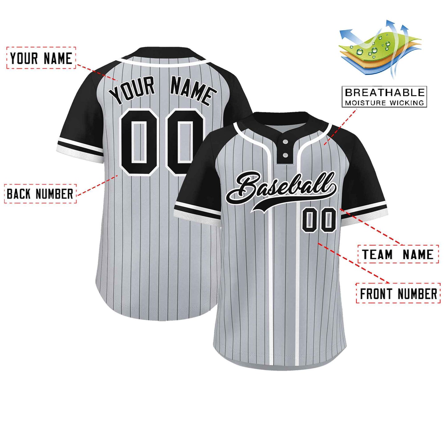 Custom Gray Black-White Stripe Fashion Raglan Sleeves Authentic Two-Button Baseball Jersey