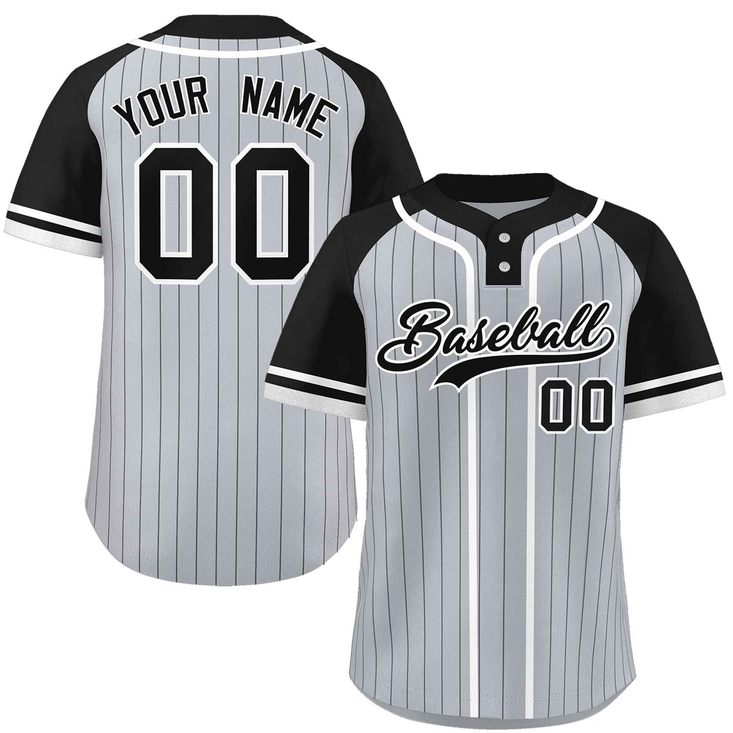 Custom Gray Black-White Stripe Fashion Raglan Sleeves Authentic Two-Button Baseball Jersey