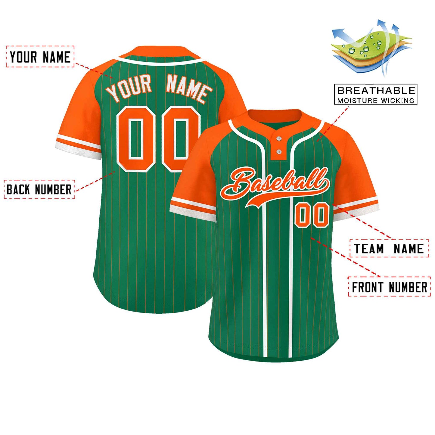 Custom Kelly Green Orange-White Stripe Fashion Raglan Sleeves Authentic Two-Button Baseball Jersey