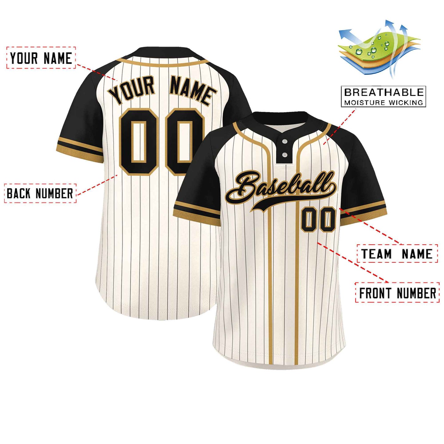 Custom Cream Black-Old Gold Stripe Fashion Raglan Sleeves Authentic Two-Button Baseball Jersey