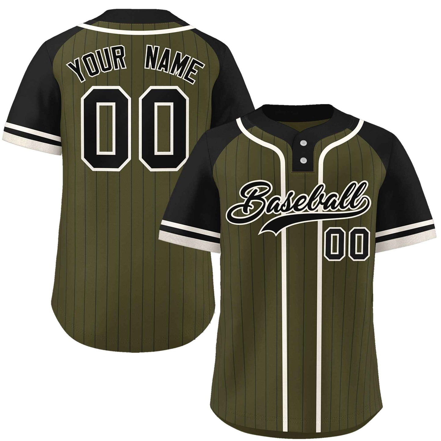 Custom Olive Black-Cream Stripe Fashion Raglan Sleeves Authentic Two-Button Baseball Jersey