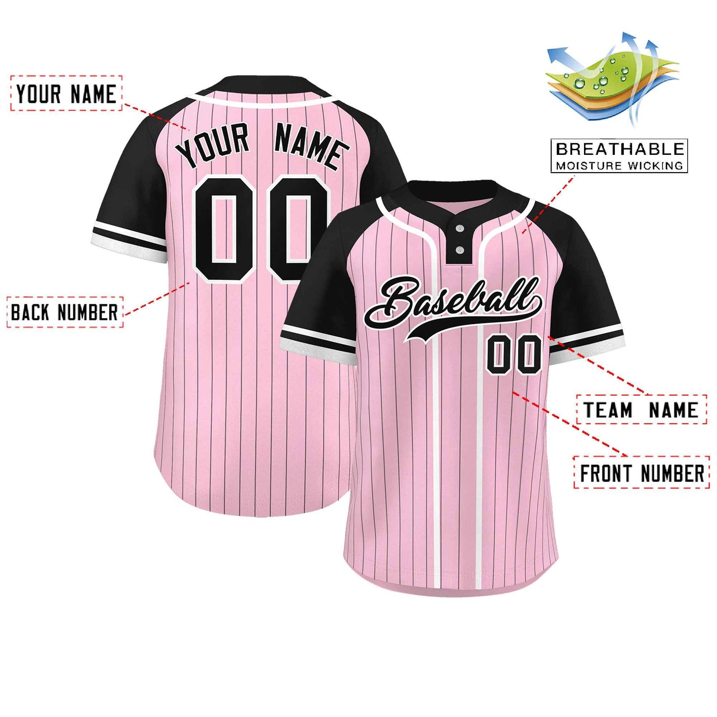 Custom Light Pink Black-White Stripe Fashion Raglan Sleeves Authentic Two-Button Baseball Jersey