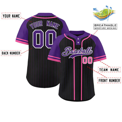 Custom Black Purple-Pink Stripe Fashion Raglan Sleeves Authentic Two-Button Baseball Jersey