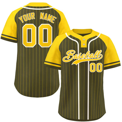 Custom Olive Gold-White Stripe Fashion Raglan Sleeves Authentic Two-Button Baseball Jersey