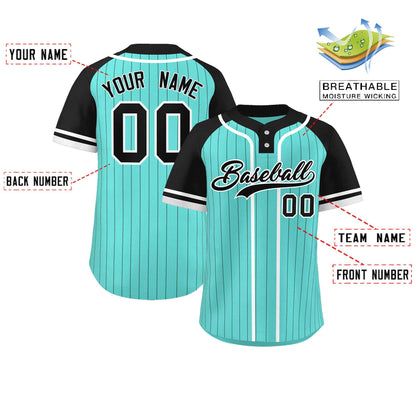 Custom Aqua Black-White Stripe Fashion Raglan Sleeves Authentic Two-Button Baseball Jersey