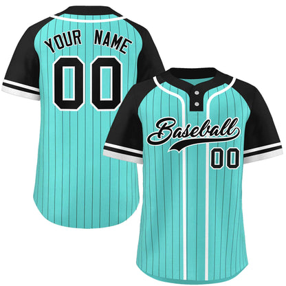 Custom Aqua Black-White Stripe Fashion Raglan Sleeves Authentic Two-Button Baseball Jersey