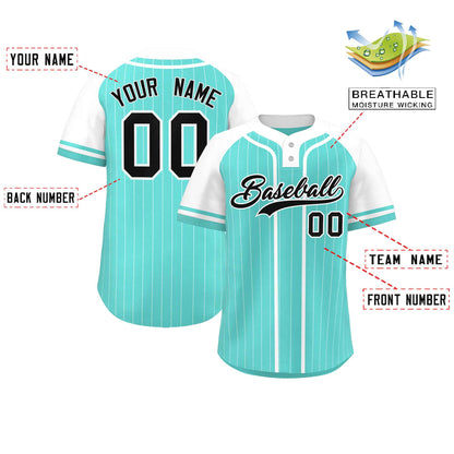 Custom Aqua White Stripe Fashion Raglan Sleeves Authentic Two-Button Baseball Jersey