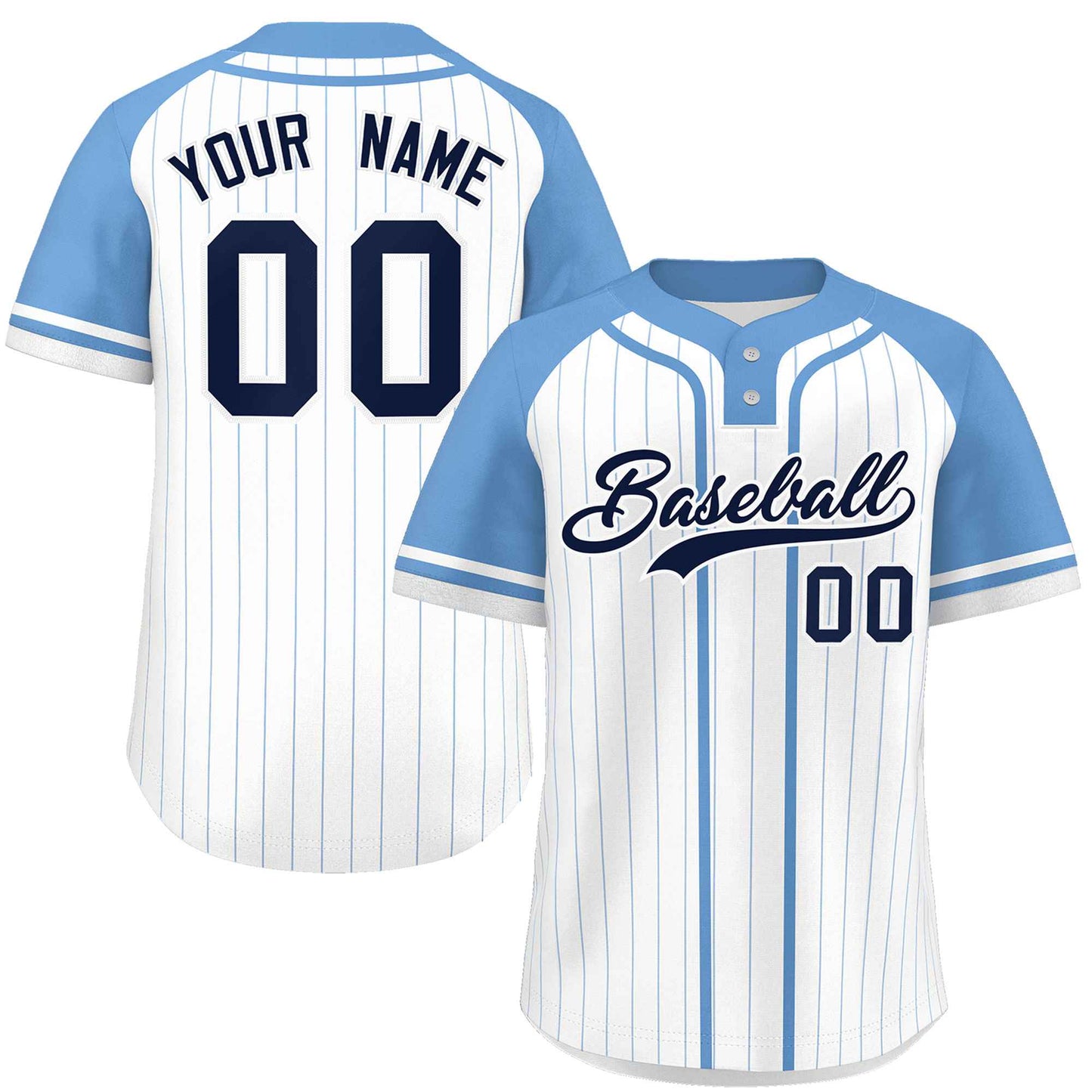 Custom White Light Blue Stripe Fashion Raglan Sleeves Authentic Two-Button Baseball Jersey