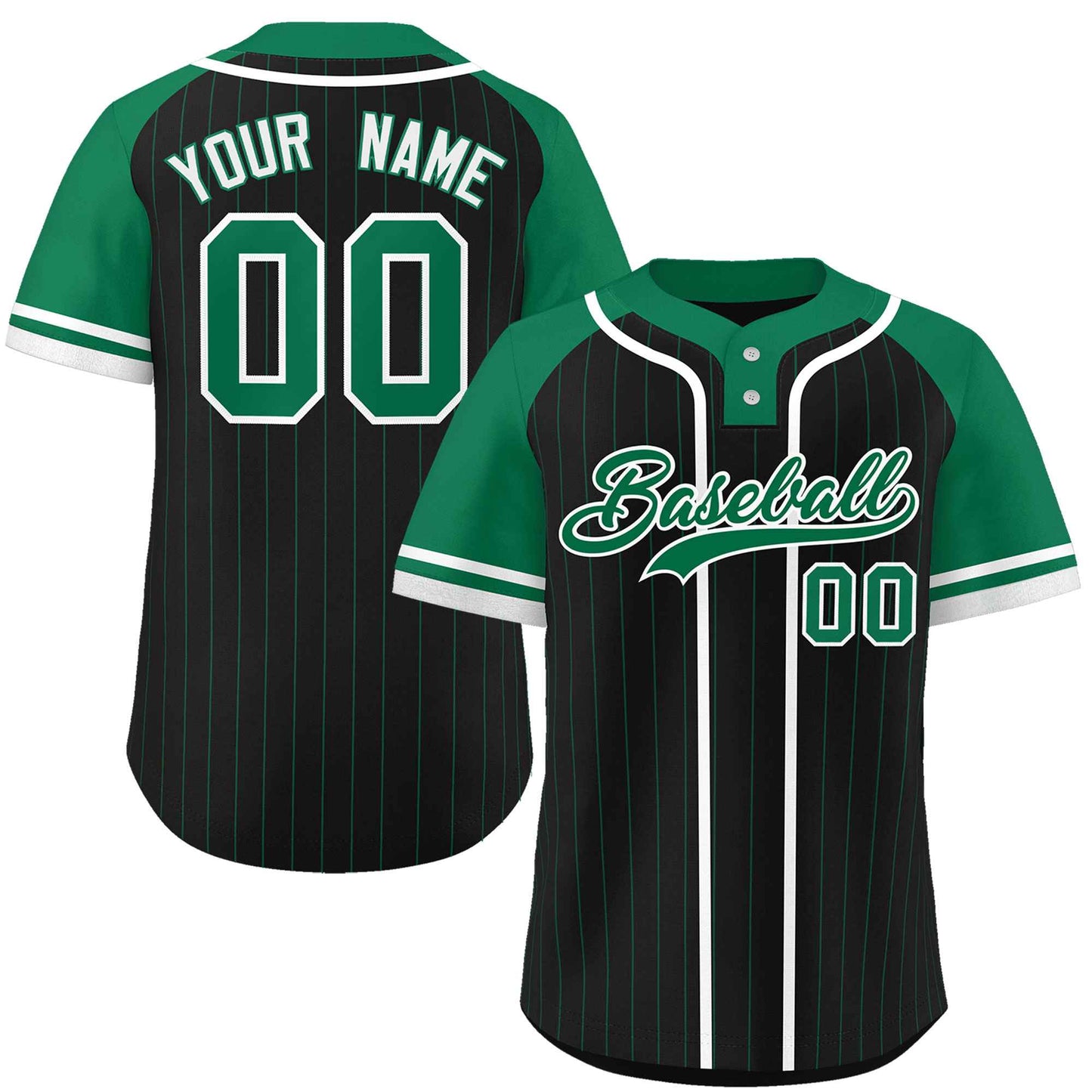 Custom Black Kelly Green-White Stripe Fashion Raglan Sleeves Authentic Two-Button Baseball Jersey