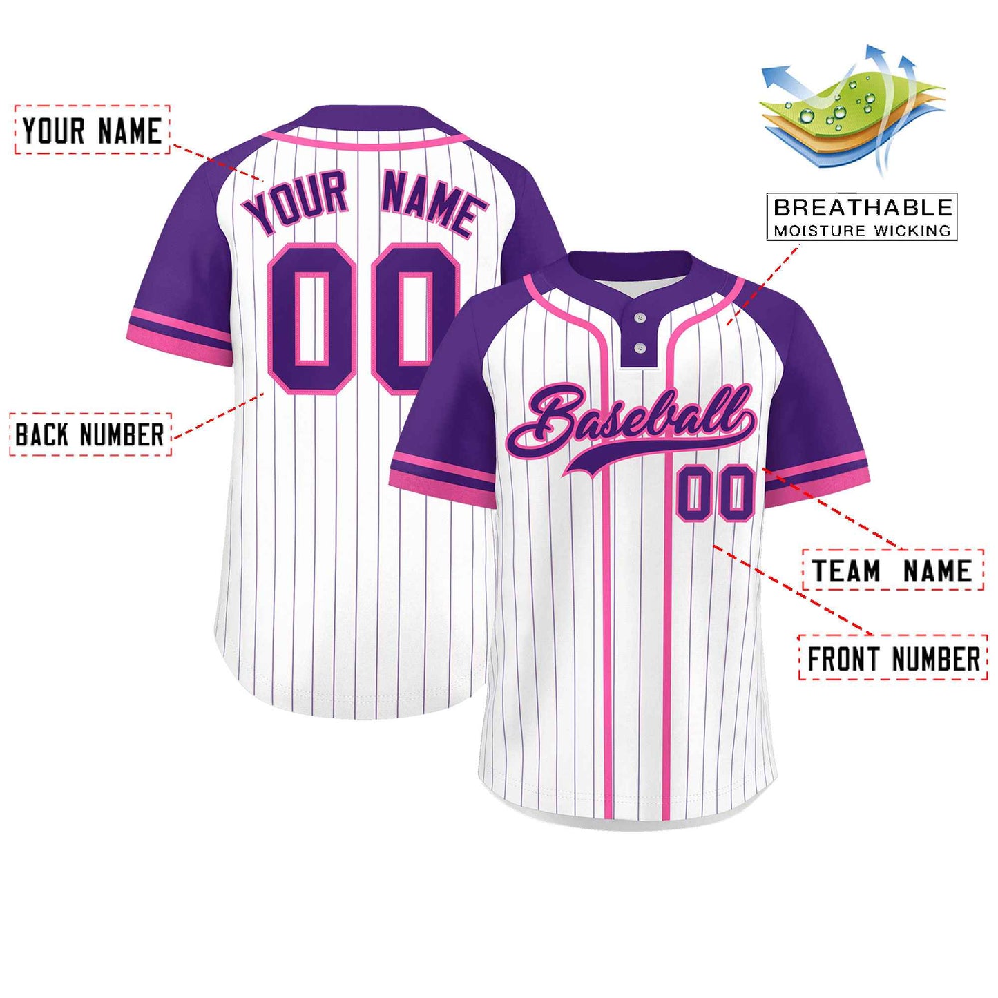 Custom White Purple-Pink Stripe Fashion Raglan Sleeves Authentic Two-Button Baseball Jersey