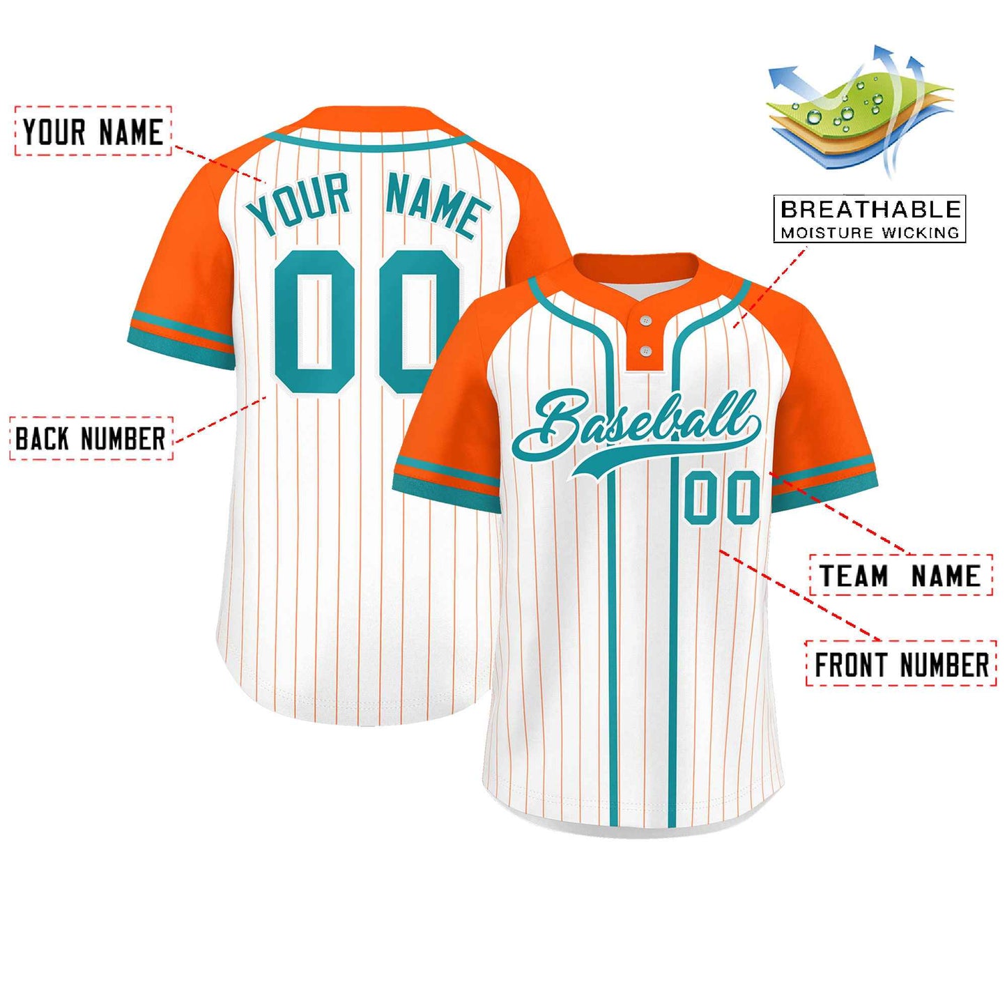 Custom White Orange-Aqua Stripe Fashion Raglan Sleeves Authentic Two-Button Baseball Jersey