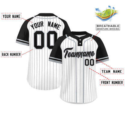 Custom White Black-Gray Stripe Fashion Raglan Sleeves Authentic Two-Button Baseball Jersey