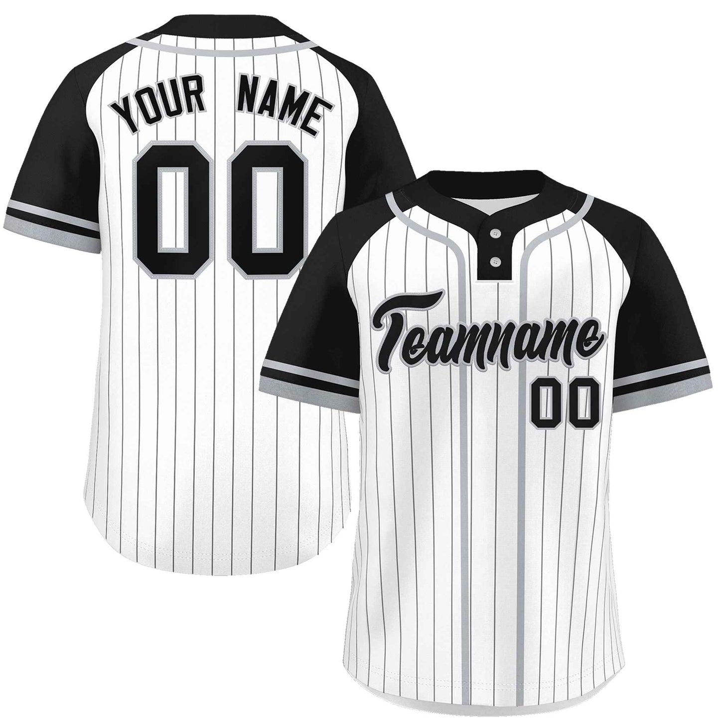 Custom White Black-Gray Stripe Fashion Raglan Sleeves Authentic Two-Button Baseball Jersey