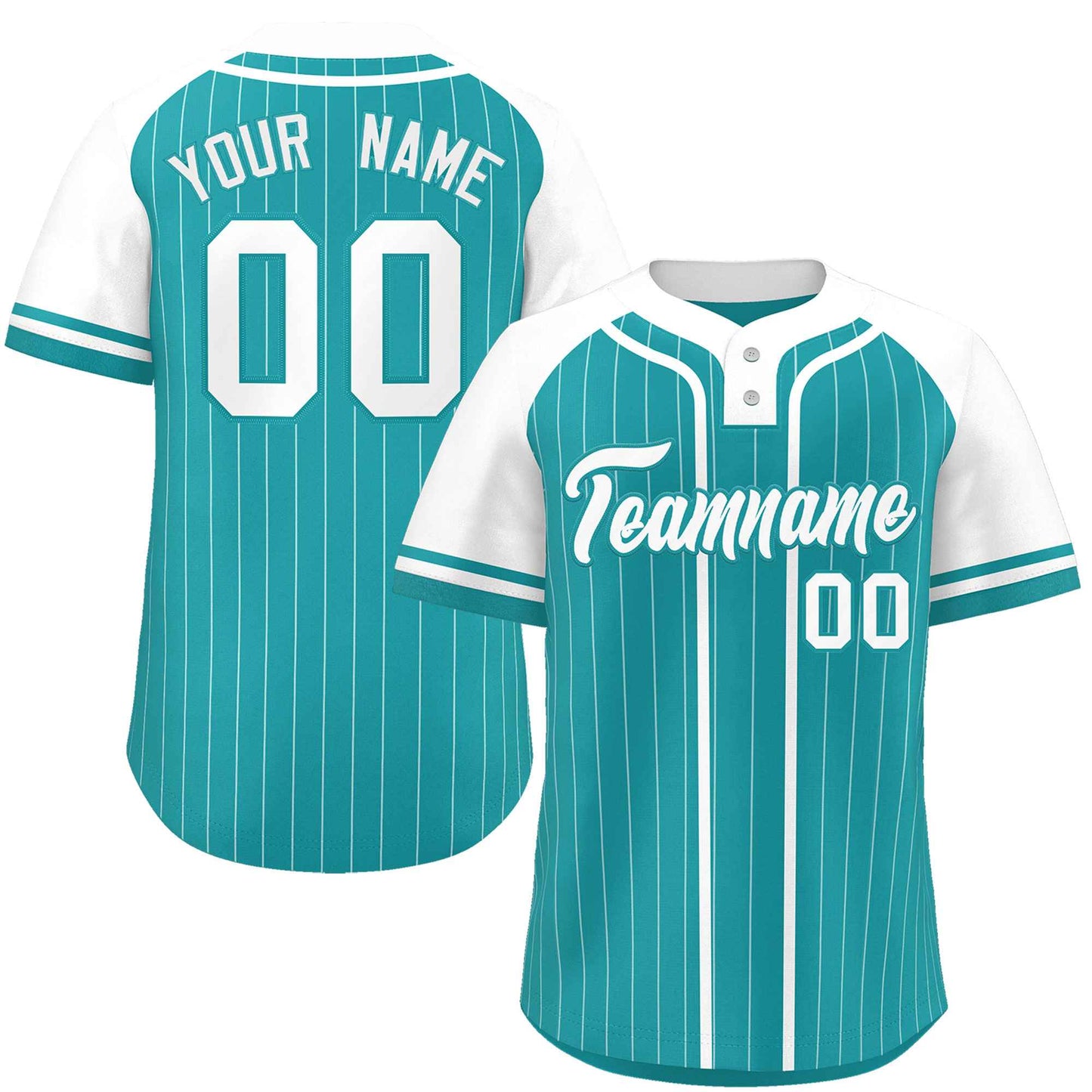 Custom Aqua White Stripe Fashion Raglan Sleeves Authentic Two-Button Baseball Jersey