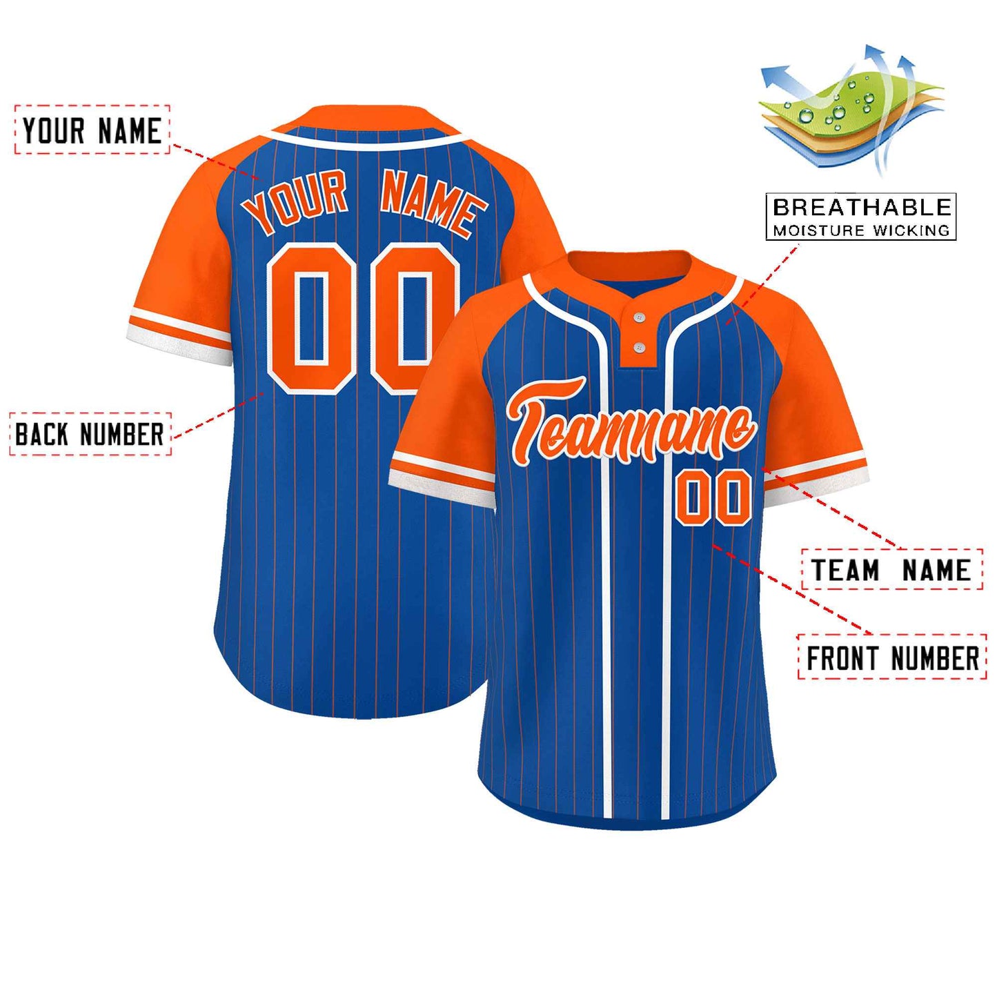 Custom Royal Orange-White Stripe Fashion Raglan Sleeves Authentic Two-Button Baseball Jersey