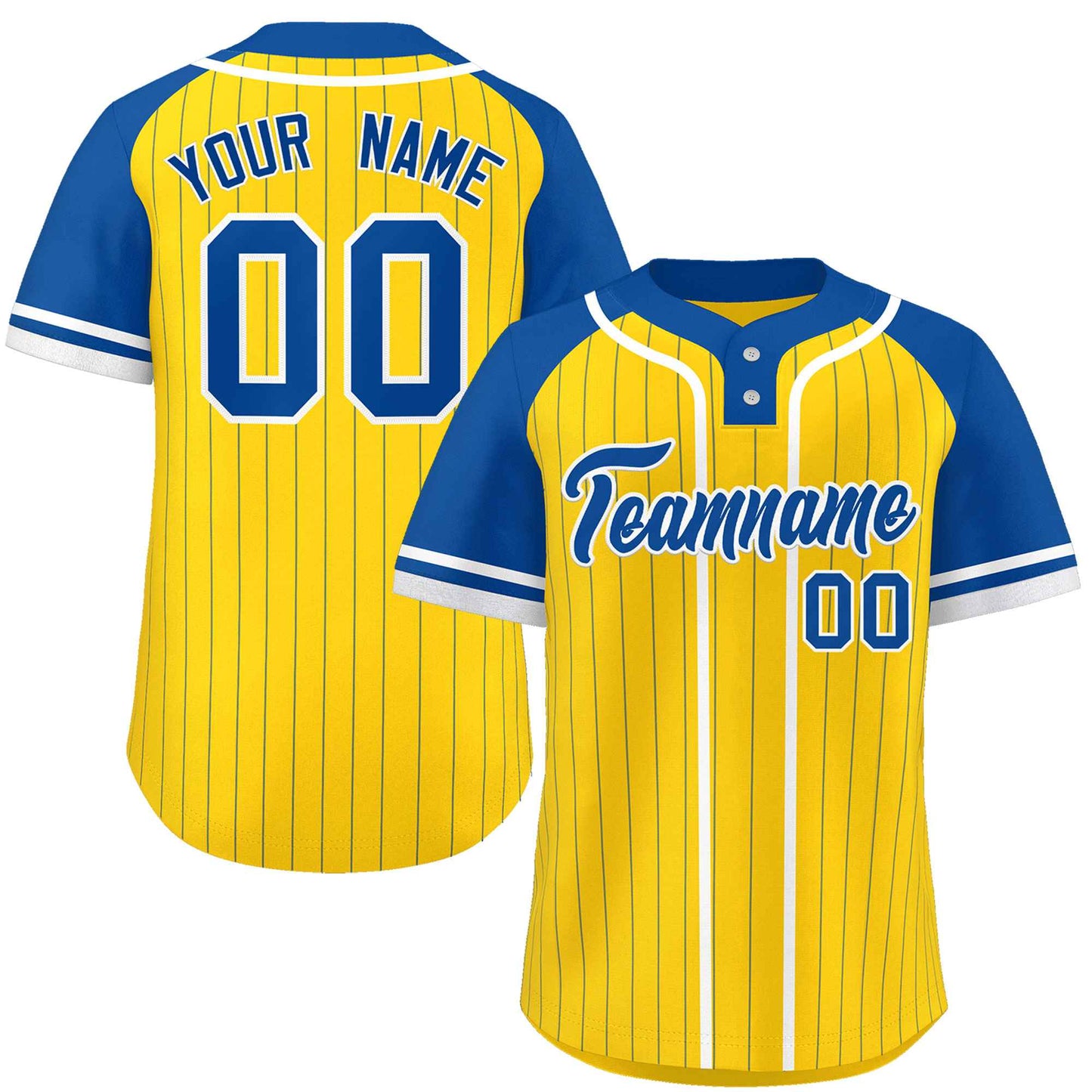 Custom Gold Royal-White Stripe Fashion Raglan Sleeves Authentic Two-Button Baseball Jersey