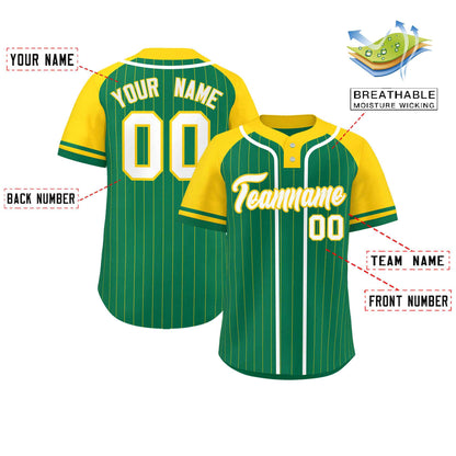 Custom Kelly Green Gold-White Stripe Fashion Raglan Sleeves Authentic Two-Button Baseball Jersey