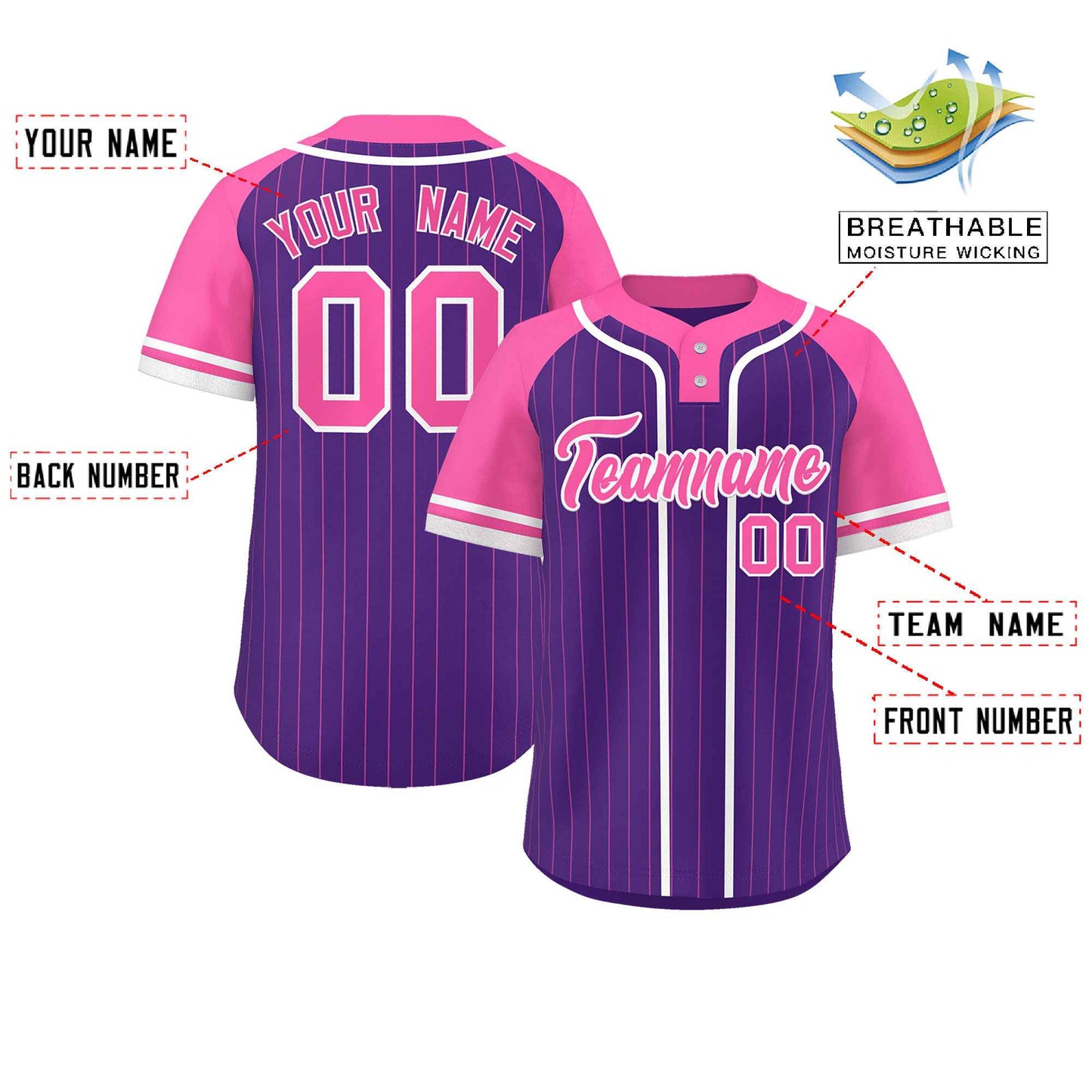 Custom Purple Pink-White Stripe Fashion Raglan Sleeves Authentic Two-Button Baseball Jersey