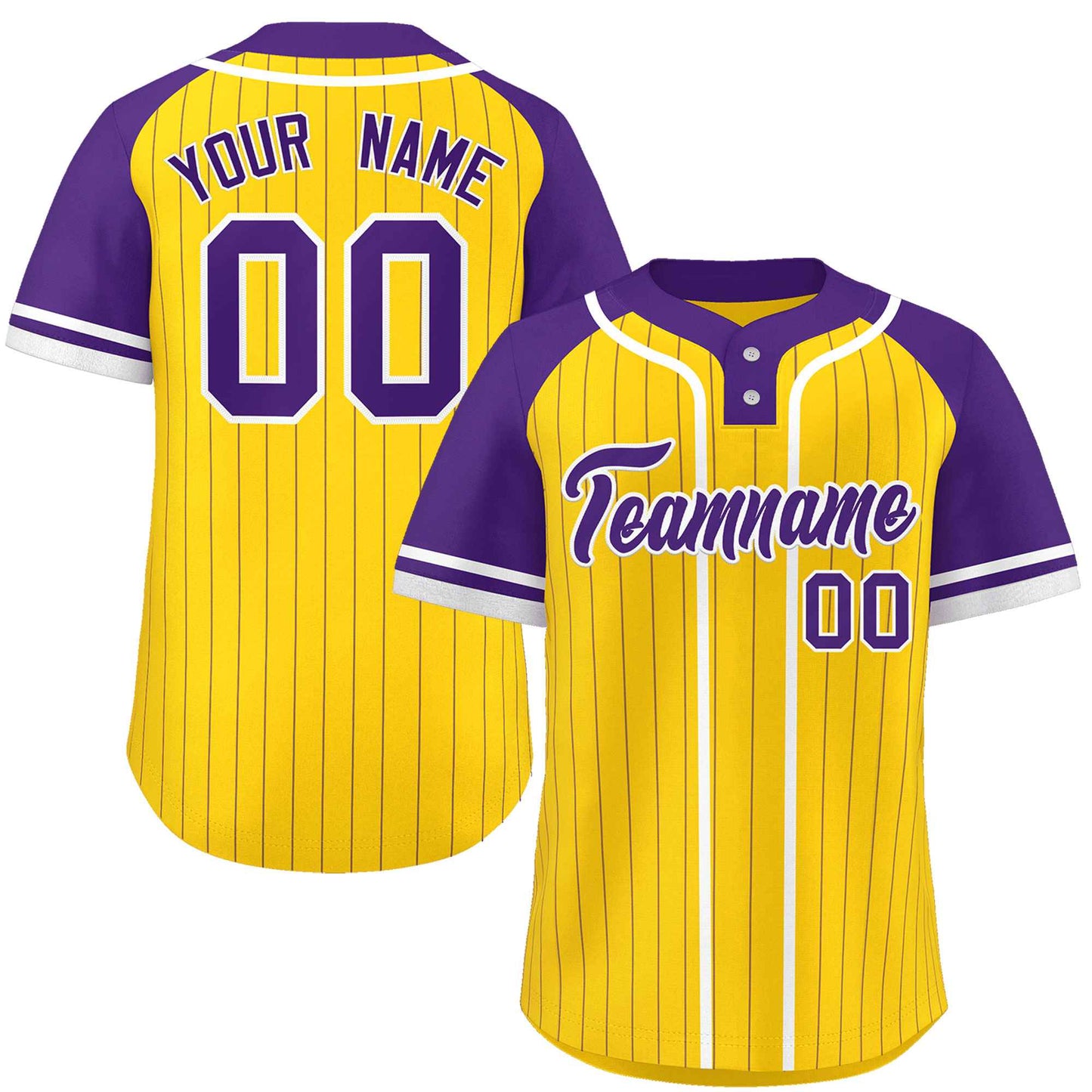 Custom Gold Purple-White Stripe Fashion Raglan Sleeves Authentic Two-Button Baseball Jersey