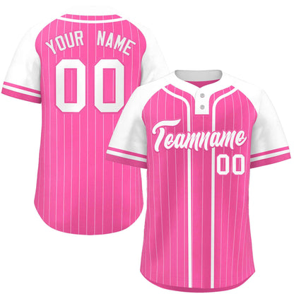 Custom Pink White Stripe Fashion Raglan Sleeves Authentic Two-Button Baseball Jersey