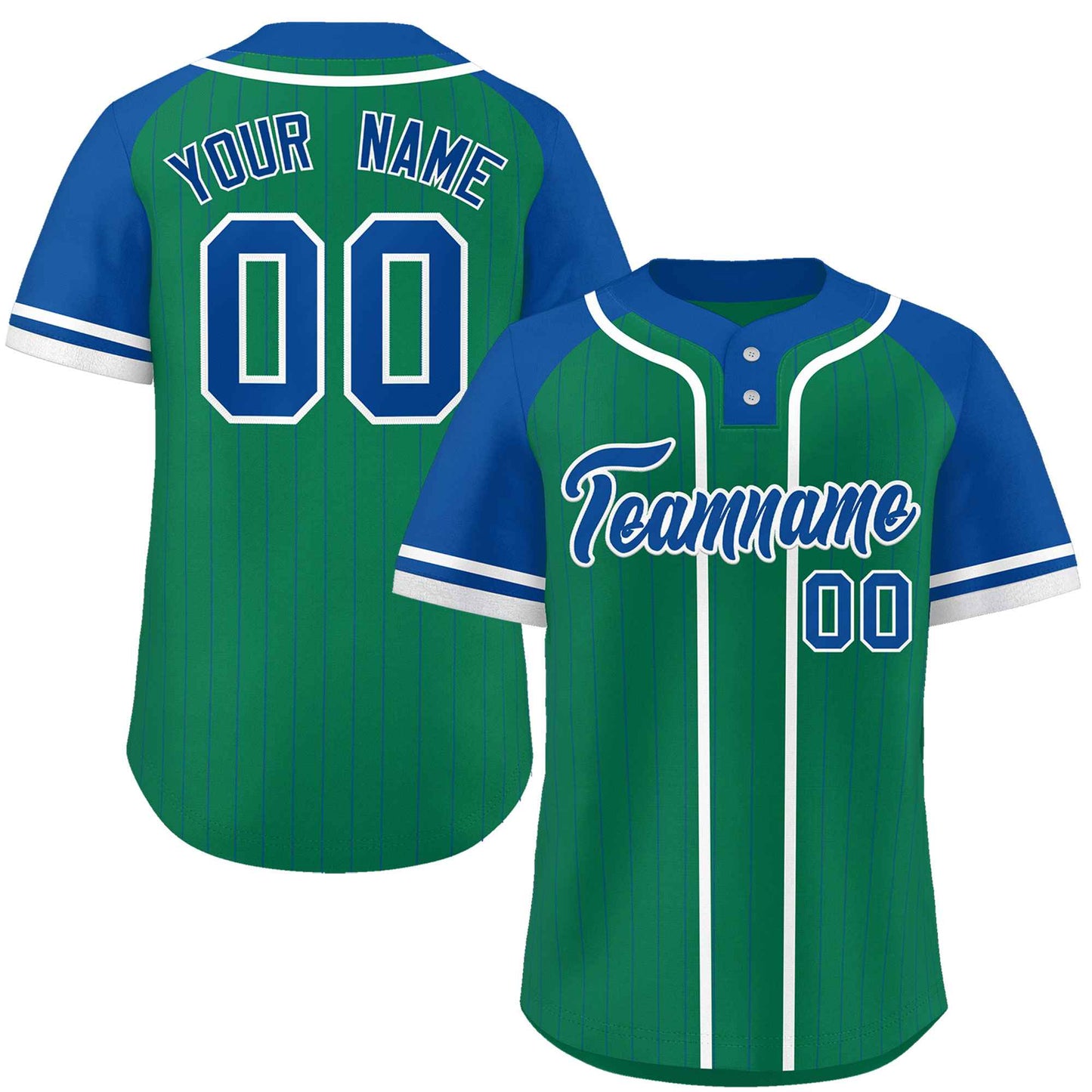 Custom Kelly Green Royal-White Stripe Fashion Raglan Sleeves Authentic Two-Button Baseball Jersey