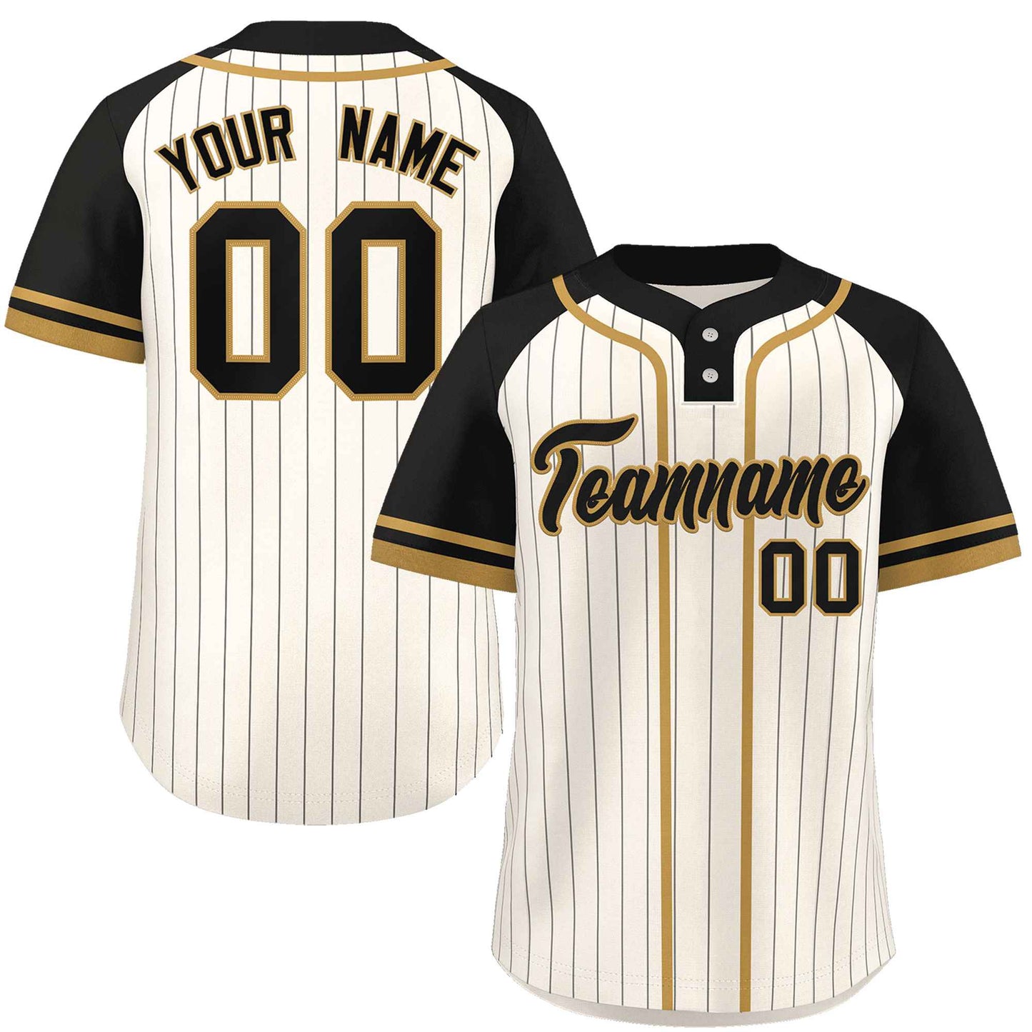 Custom Cream Black-Old Gold Stripe Fashion Raglan Sleeves Authentic Two-Button Baseball Jersey