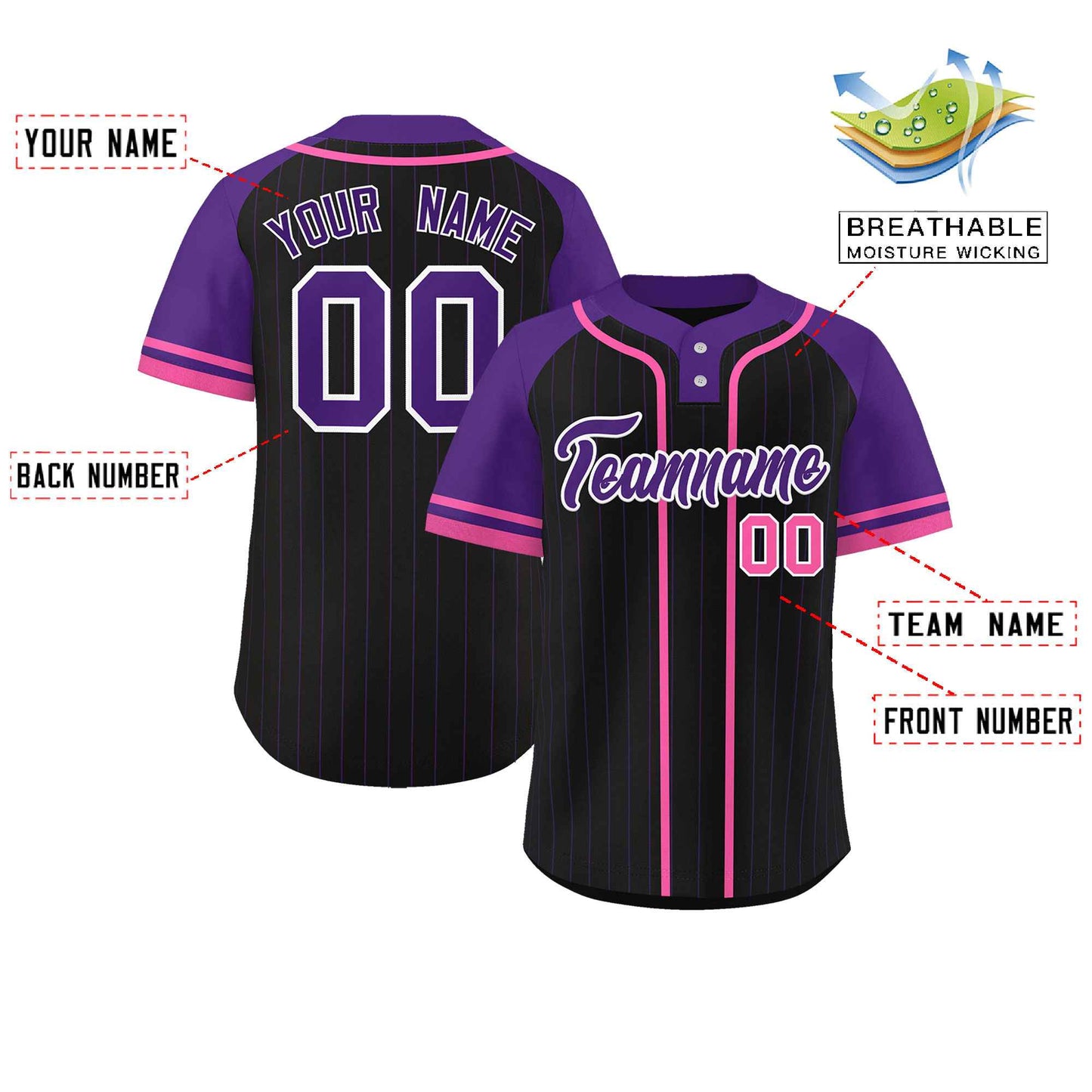 Custom Black Purple-Pink Stripe Fashion Raglan Sleeves Authentic Two-Button Baseball Jersey