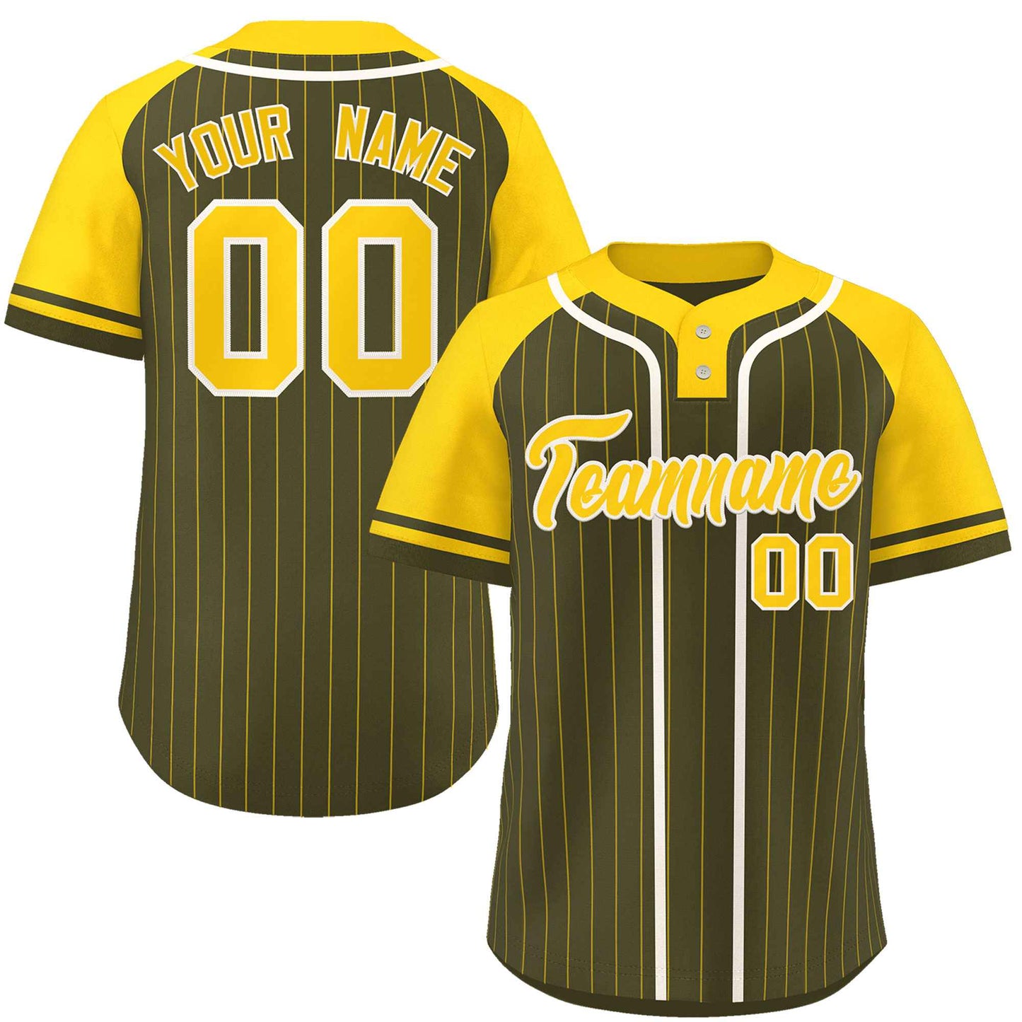 Custom Olive Gold-White Stripe Fashion Raglan Sleeves Authentic Two-Button Baseball Jersey