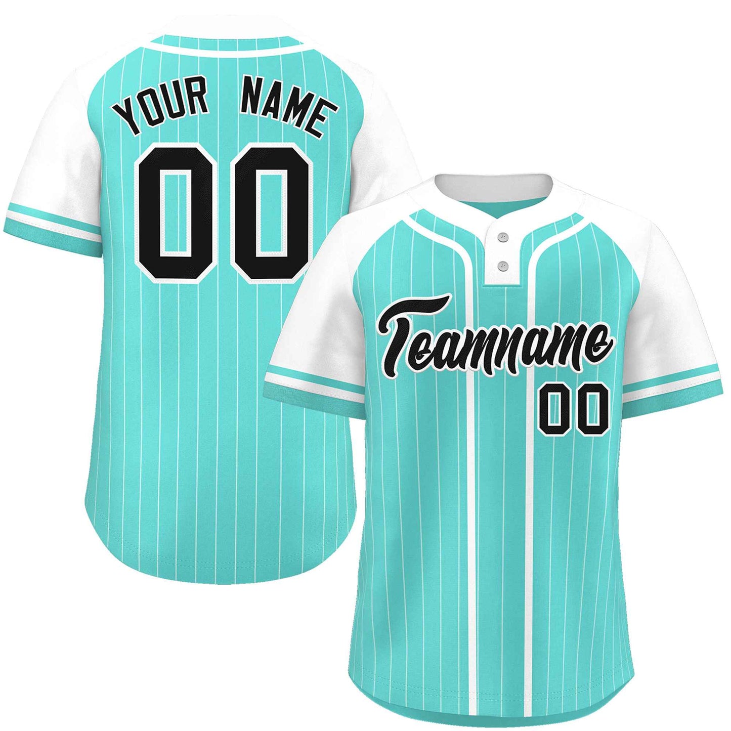 Custom Aqua White Stripe Fashion Raglan Sleeves Authentic Two-Button Baseball Jersey