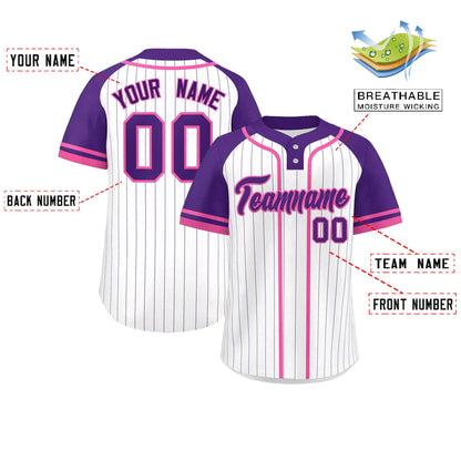 Custom White Purple-Pink Stripe Fashion Raglan Sleeves Authentic Two-Button Baseball Jersey