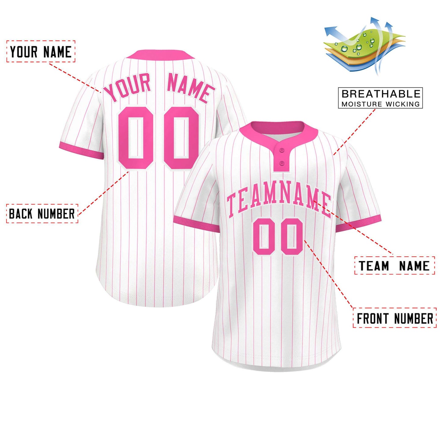 Custom White Pink Stripe Fashion Authentic Two-Button Baseball Jersey