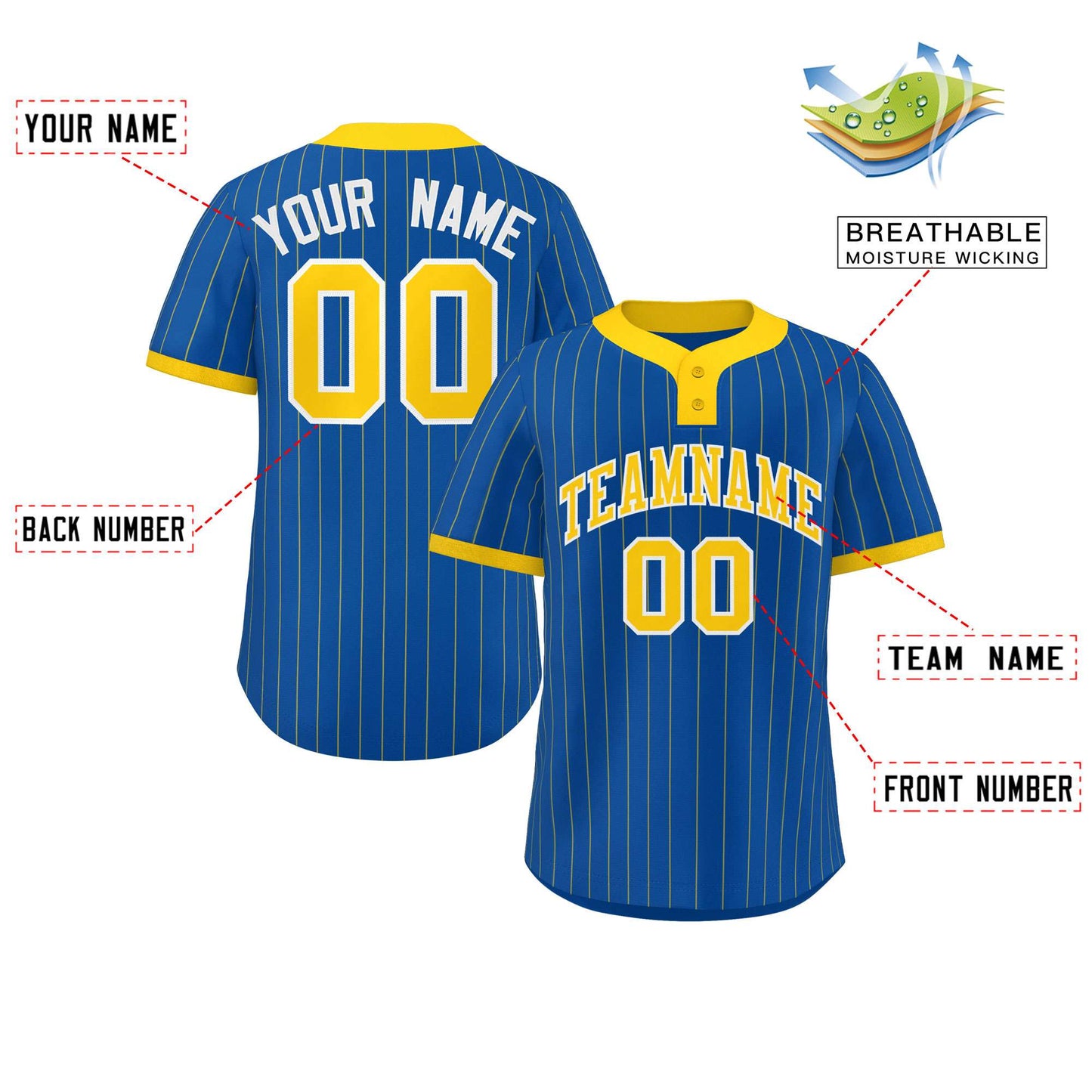 Custom Royal Gold Stripe Fashion Authentic Two-Button Baseball Jersey