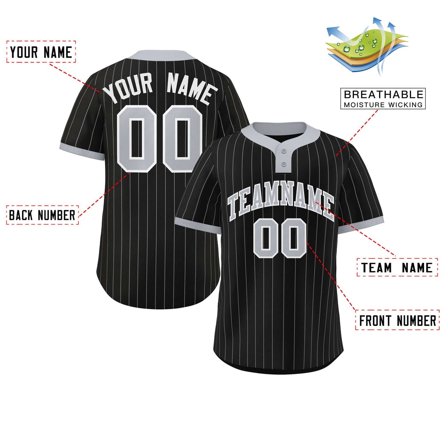 Custom Black Gray Stripe Fashion Authentic Two-Button Baseball Jersey