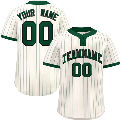 Custom Cream Green Stripe Fashion Authentic Two-Button Baseball Jersey