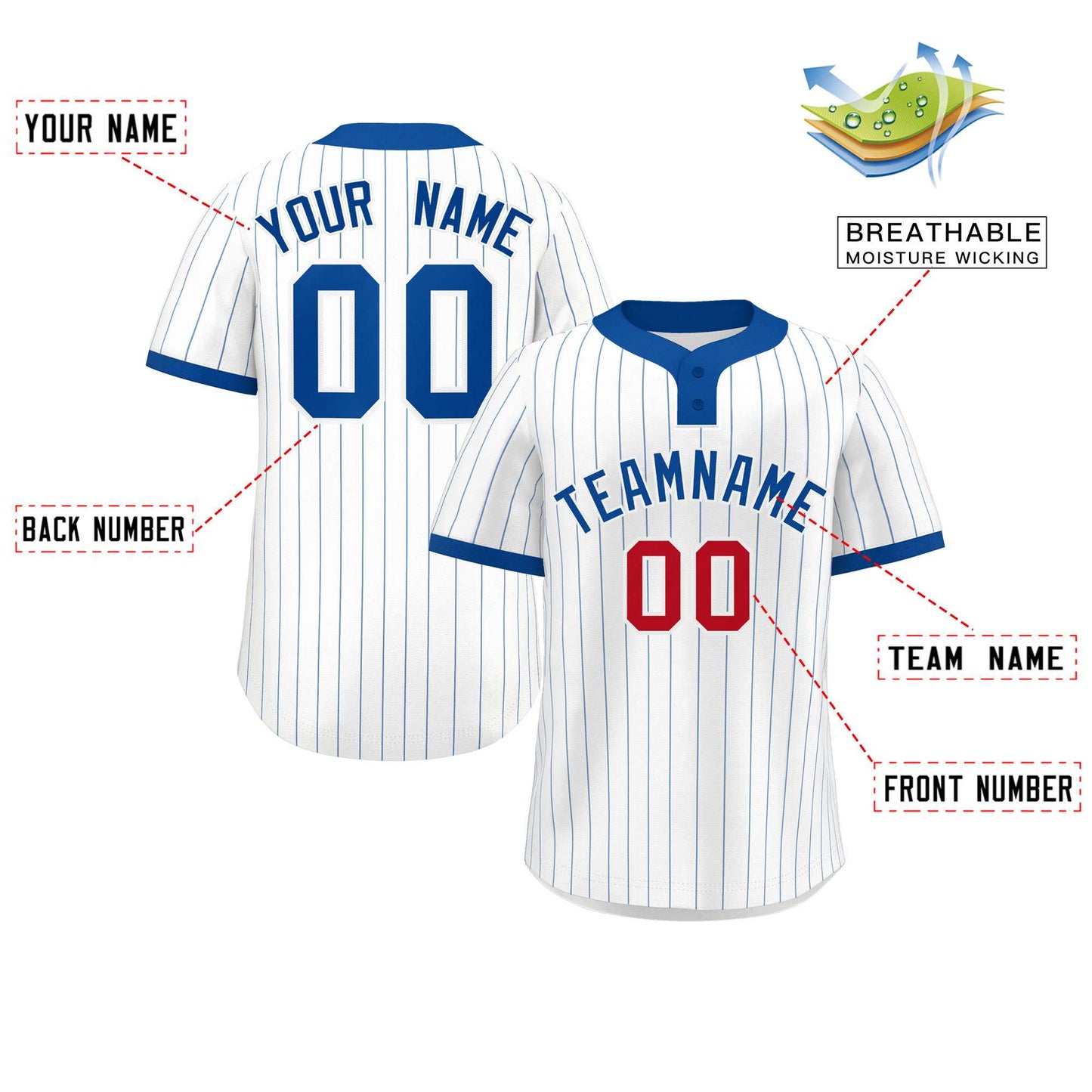 Custom White Royal Stripe Fashion Authentic Two-Button Baseball Jersey