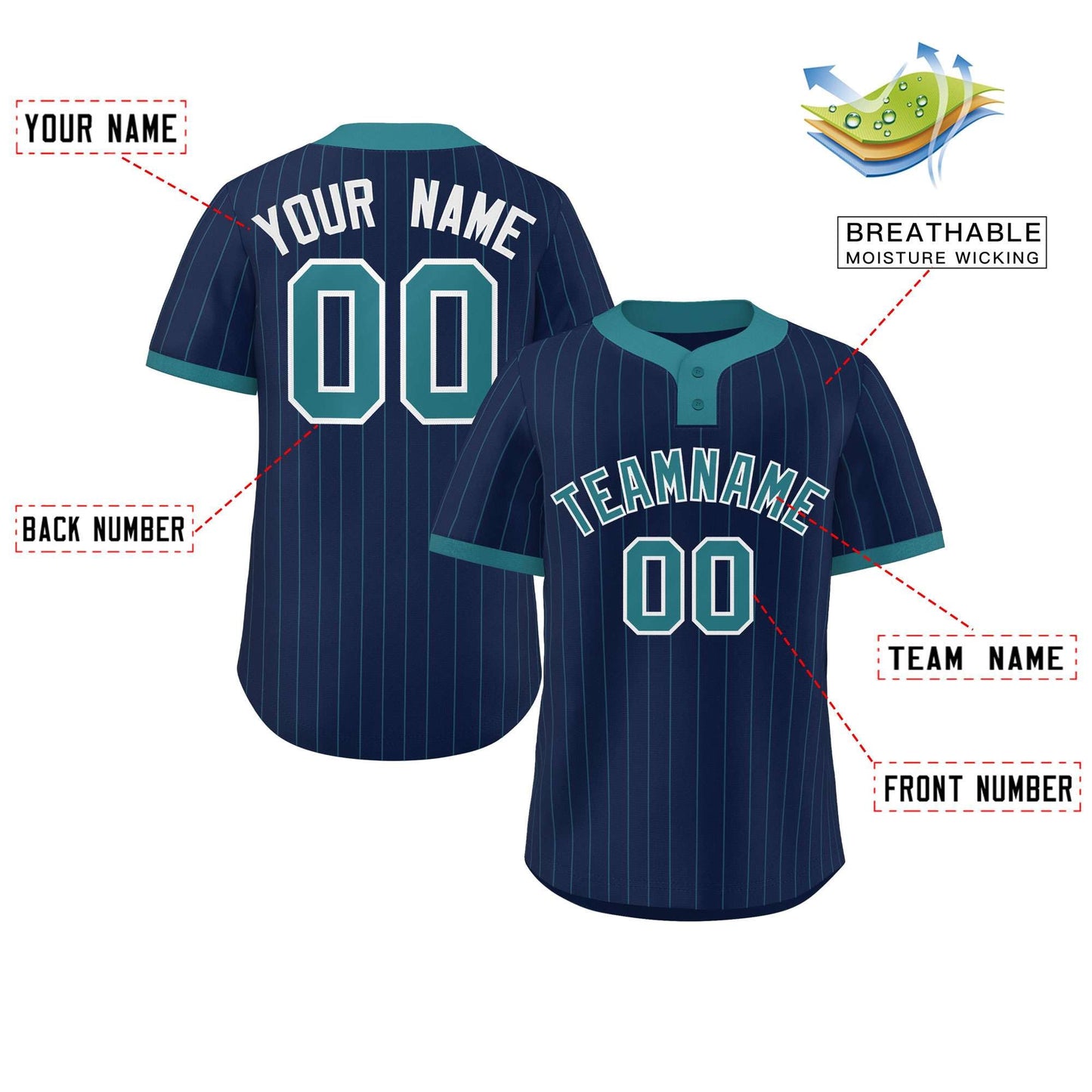 Custom Navy Aqua Stripe Fashion Authentic Two-Button Baseball Jersey