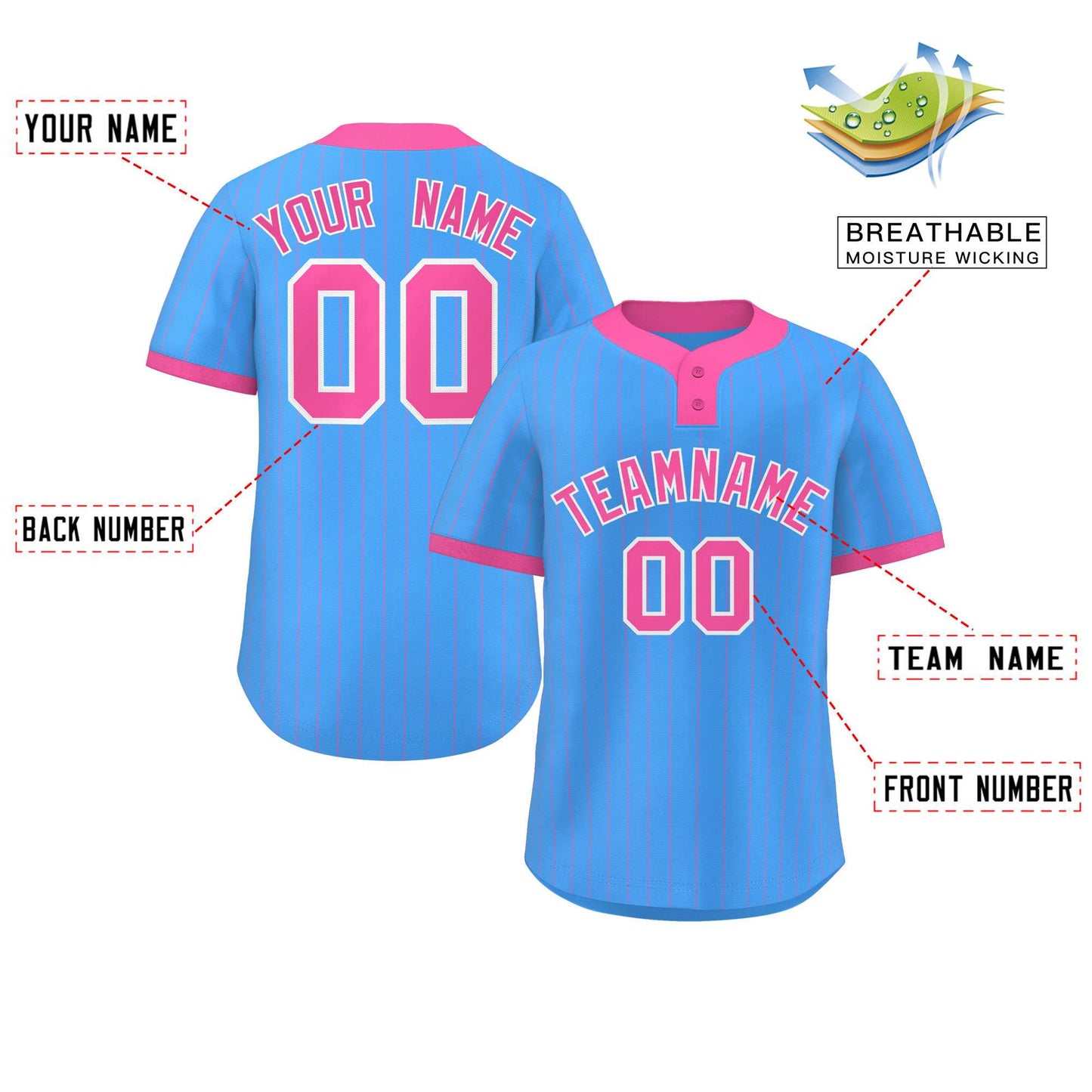 Custom Powder Blue Pink Stripe Fashion Authentic Two-Button Baseball Jersey