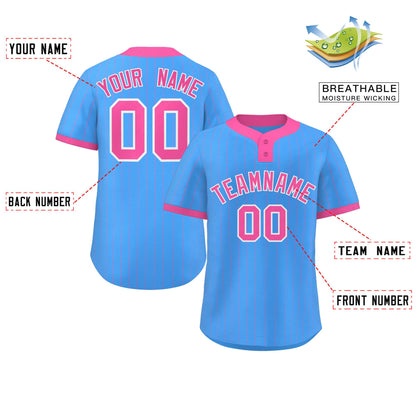 Custom Powder Blue Pink Stripe Fashion Authentic Two-Button Baseball Jersey