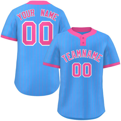 Custom Powder Blue Pink Stripe Fashion Authentic Two-Button Baseball Jersey