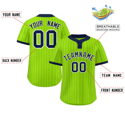 Custom Neon Green Navy Stripe Fashion Authentic Two-Button Baseball Jersey