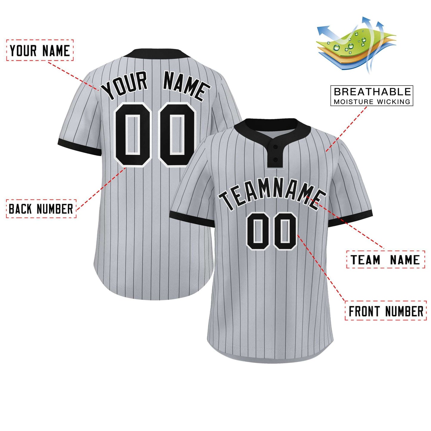 Custom Gray Black Stripe Fashion Authentic Two-Button Baseball Jersey