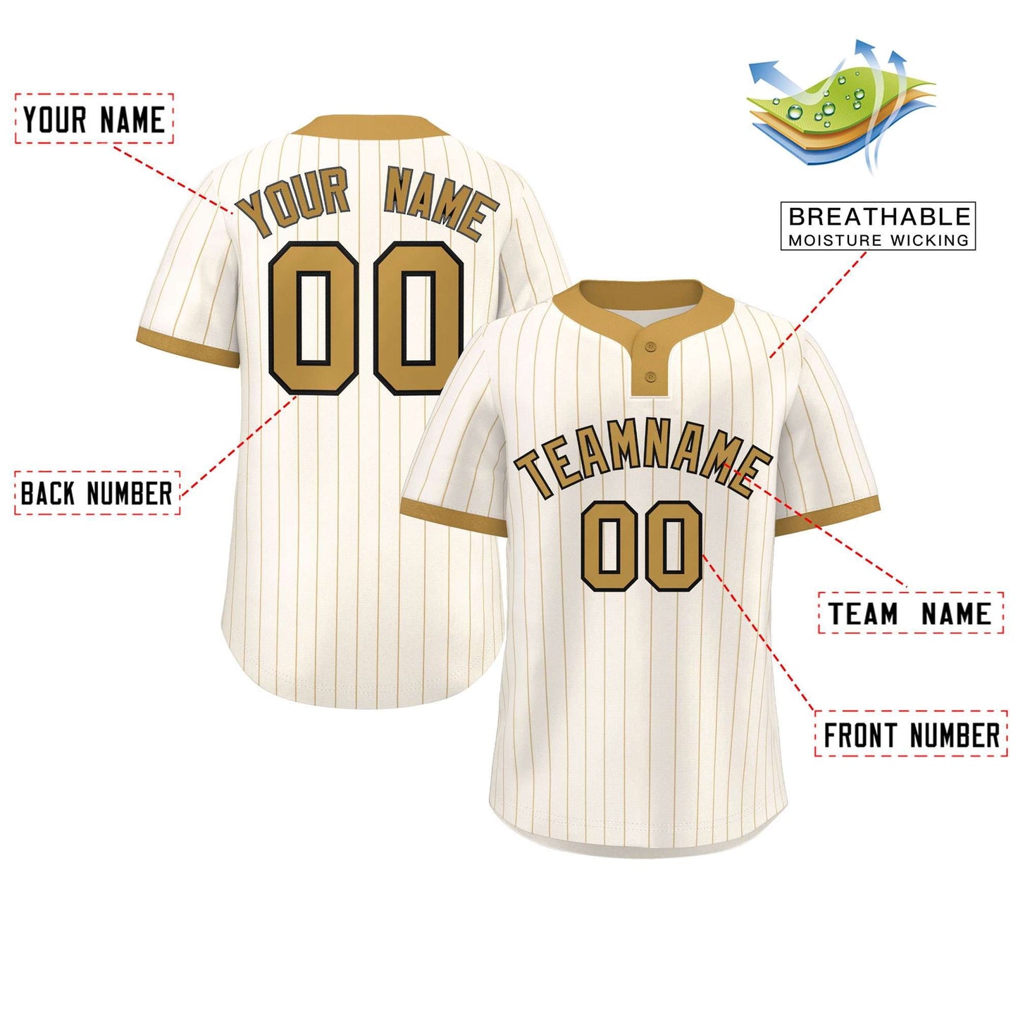 Custom Cream Old Gold Stripe Fashion Authentic Two-Button Baseball Jersey