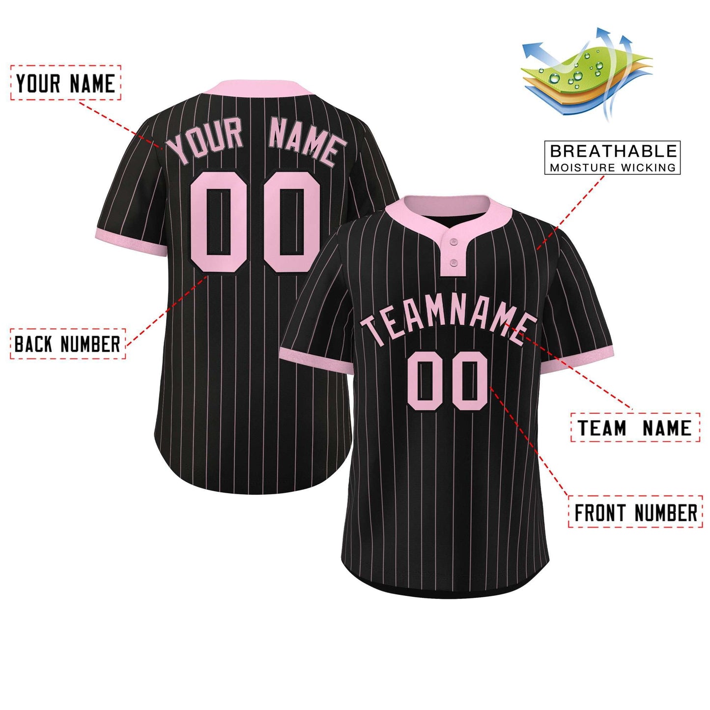 Custom Black Light Pink Stripe Fashion Authentic Two-Button Baseball Jersey