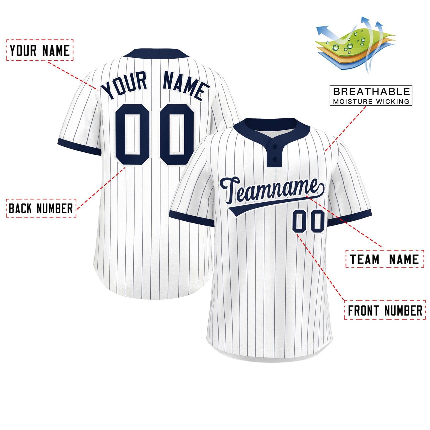 Custom White Navy Stripe Fashion Authentic Two-Button Baseball Jersey